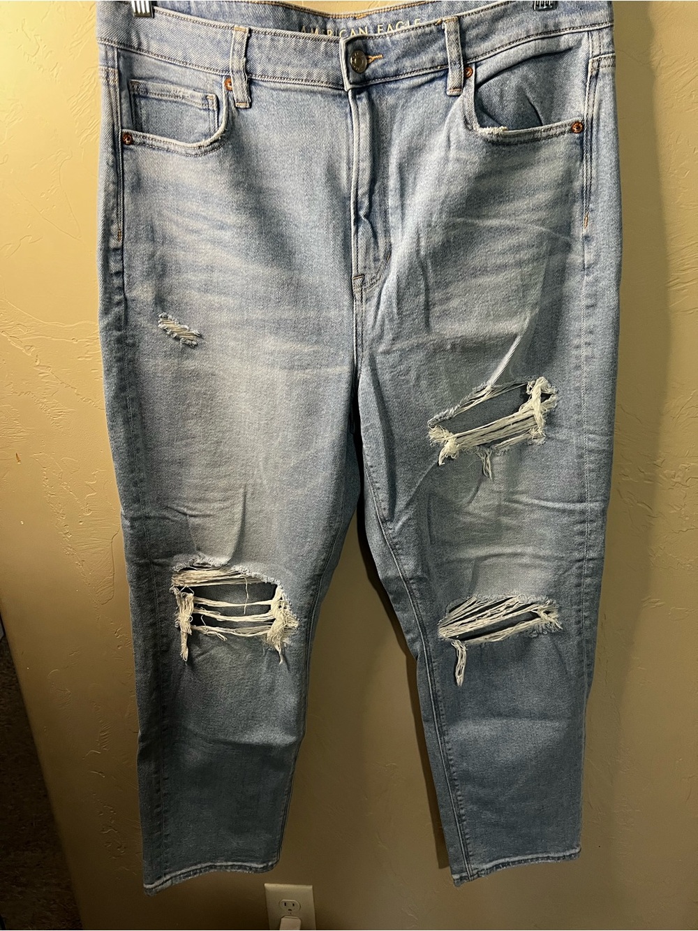 American Eagle Mom Straight High Rise Distressed Light Wash Denim Jeans - Picture 2 of 12